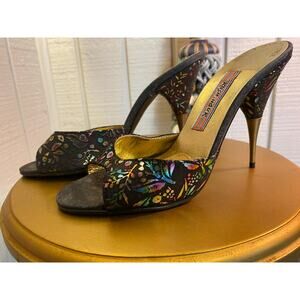 vintage 1980s high heel mule metallic black floral size 6 stiletto pin up 50s